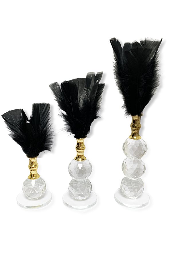 Triple Black Feather Crystal Decor