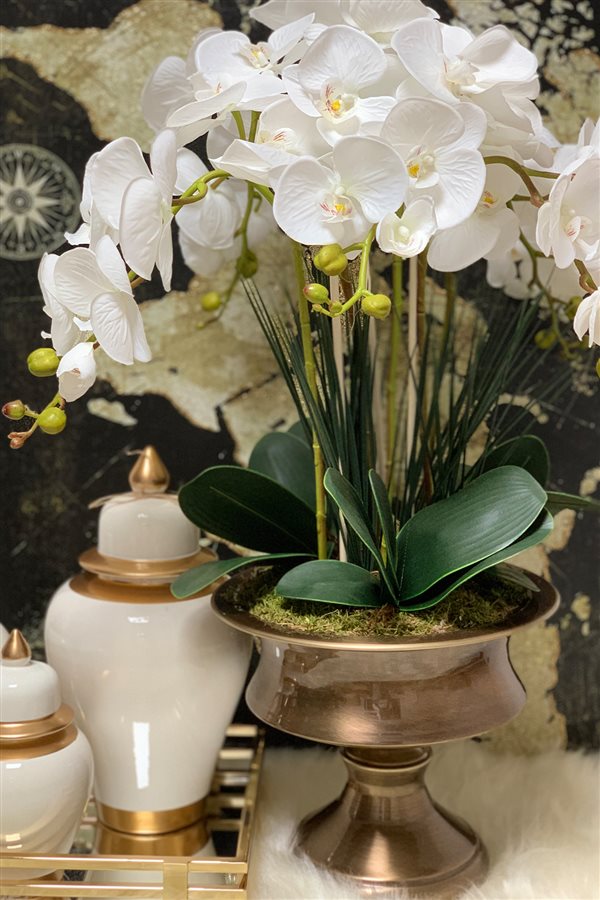 Artificial Wet Orchid Glass Flower Pot Arrangement - Bronze