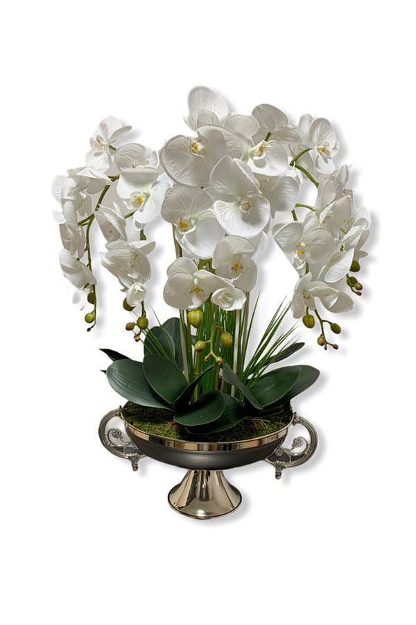 Yapay Islak Orkide Kulplu Kadeh Saksı Aranjmanı - Gümüş