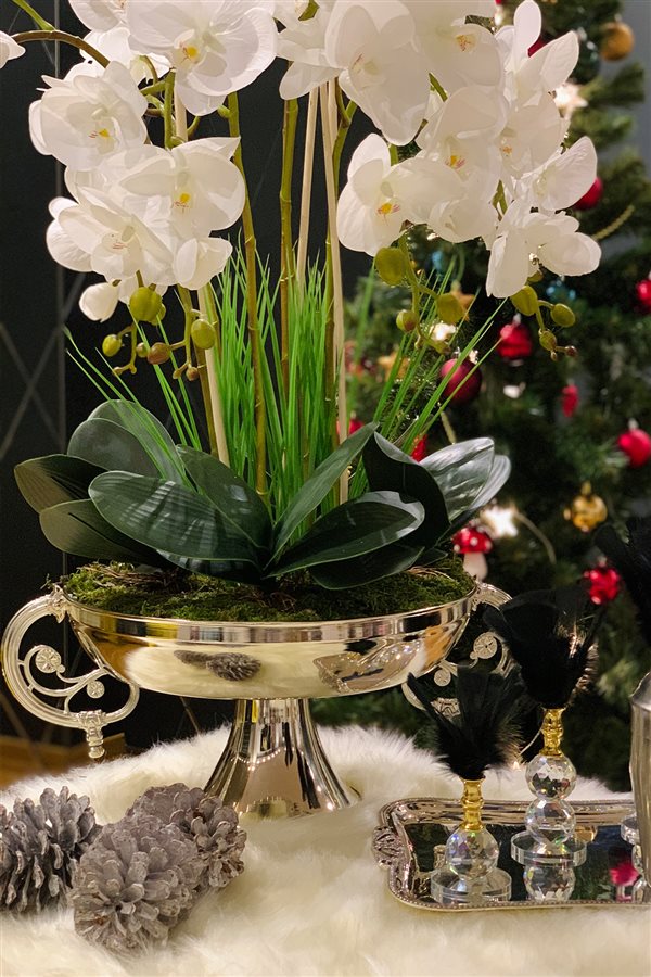 Artificial Wet Orchid Handled Goblet Flower Pot Arrangement - Silver