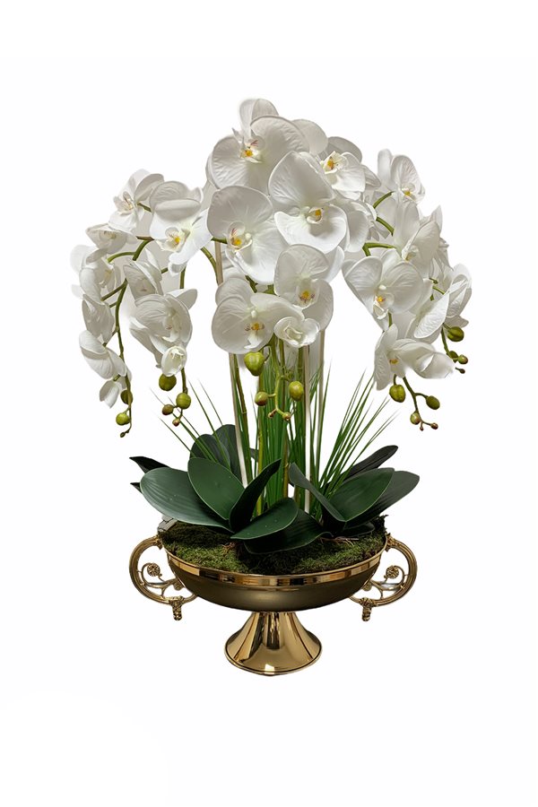 Yapay Islak Orkide Kulplu Kadeh Saksı Aranjmanı - Gold