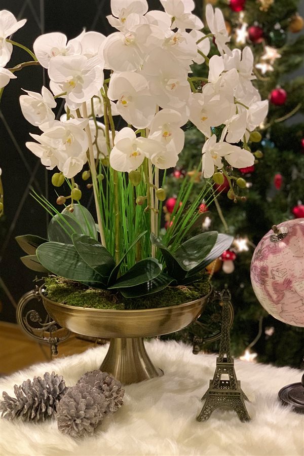 Artificial Wet Orchid Handled Goblet Flower Pot Arrangement - Bronze