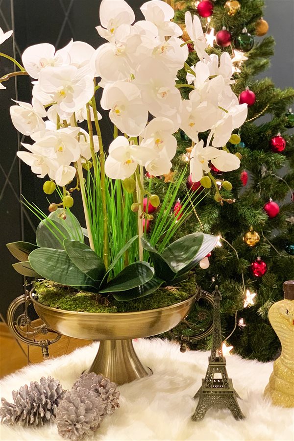 Artificial Wet Orchid Handled Goblet Flower Pot Arrangement - Bronze