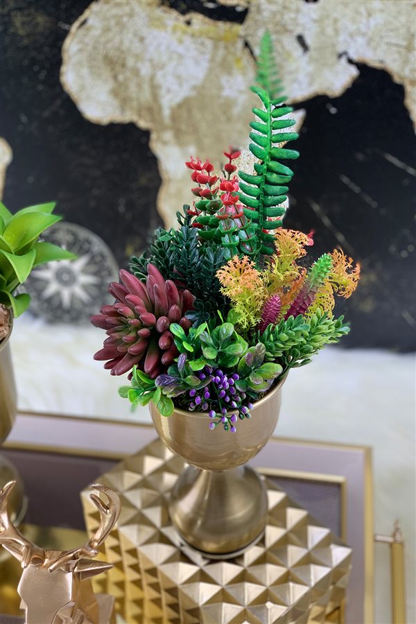Yapay Çiçek Kupa Aranjmanı - Küçük Bronz Vazo