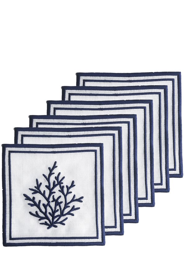 Coral Navy Blue Cocktail Napkin 6 Pieces