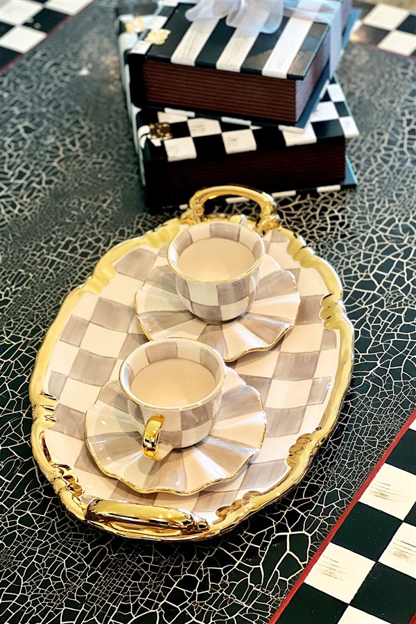 Checkered Gray Oval Tray