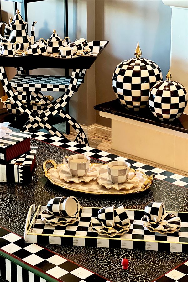 Checkered Gray Set of 6 Teacups