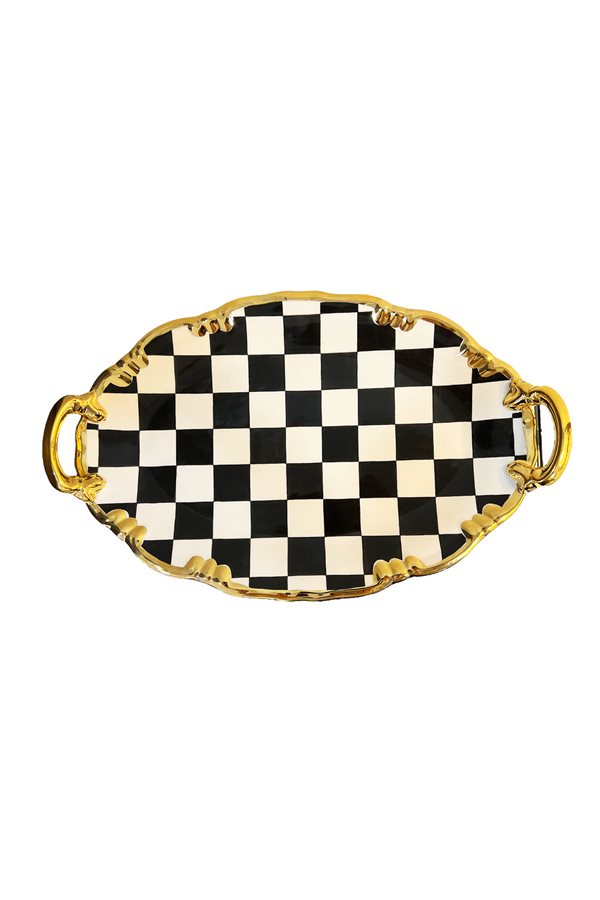 Checkered Black Oval Tray