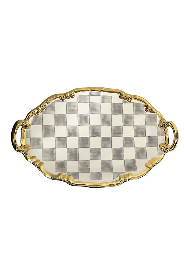 Checkered Gray Oval Tray