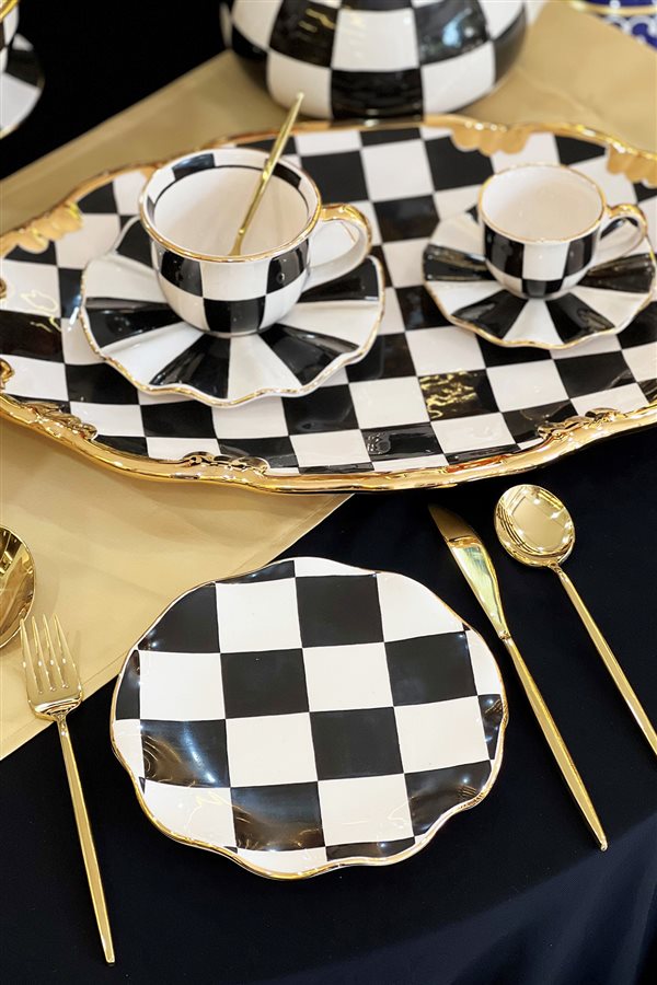 Checkered Black 2-Piece Cake Plate