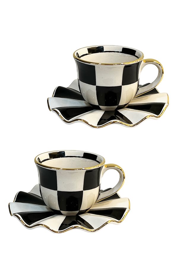 Checkered Black Set of 2 Teacups