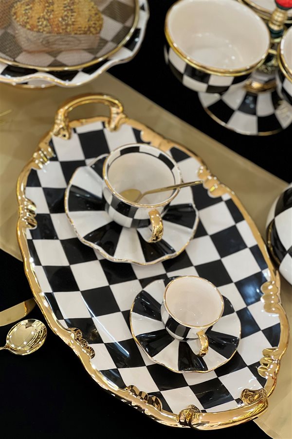 Checkered Black Set of 6 Teacups