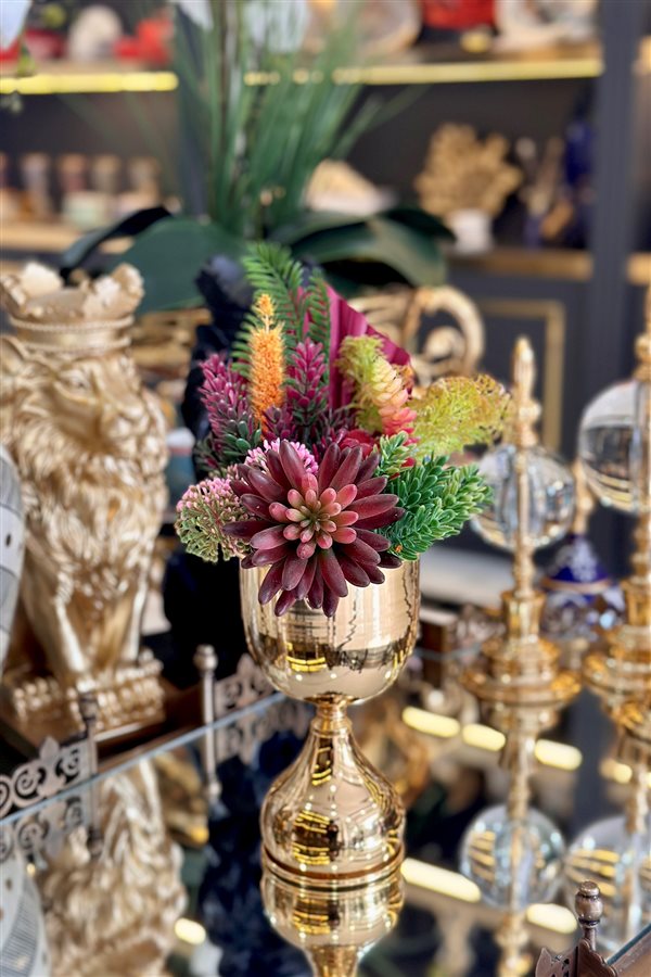 Artificial Flower Cup Arrangement - Small Gold Vase