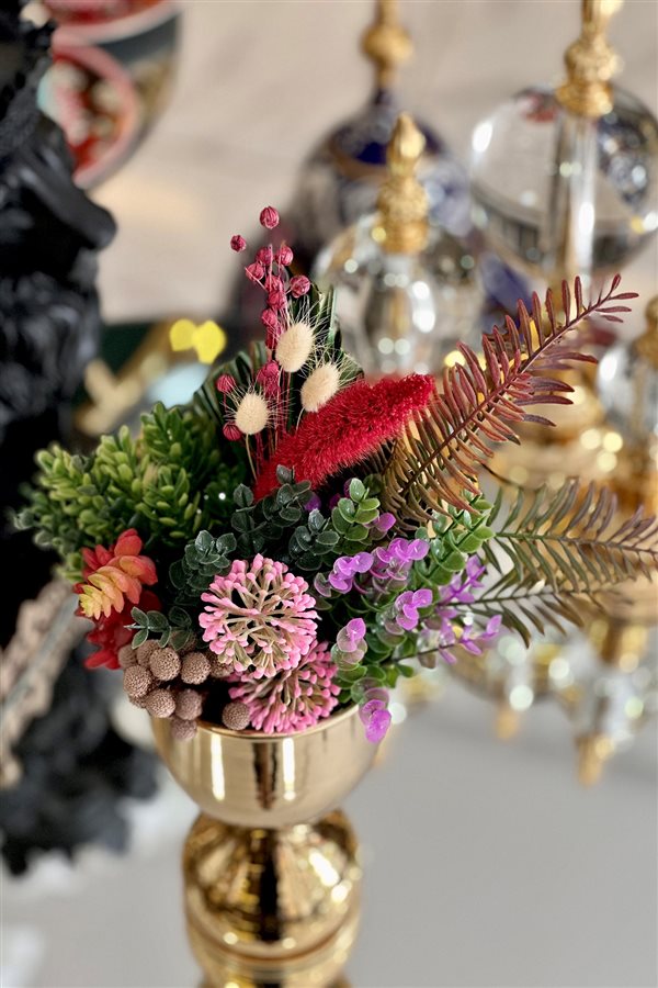 Artificial Flower Cup Arrangement - Small Gold Vase