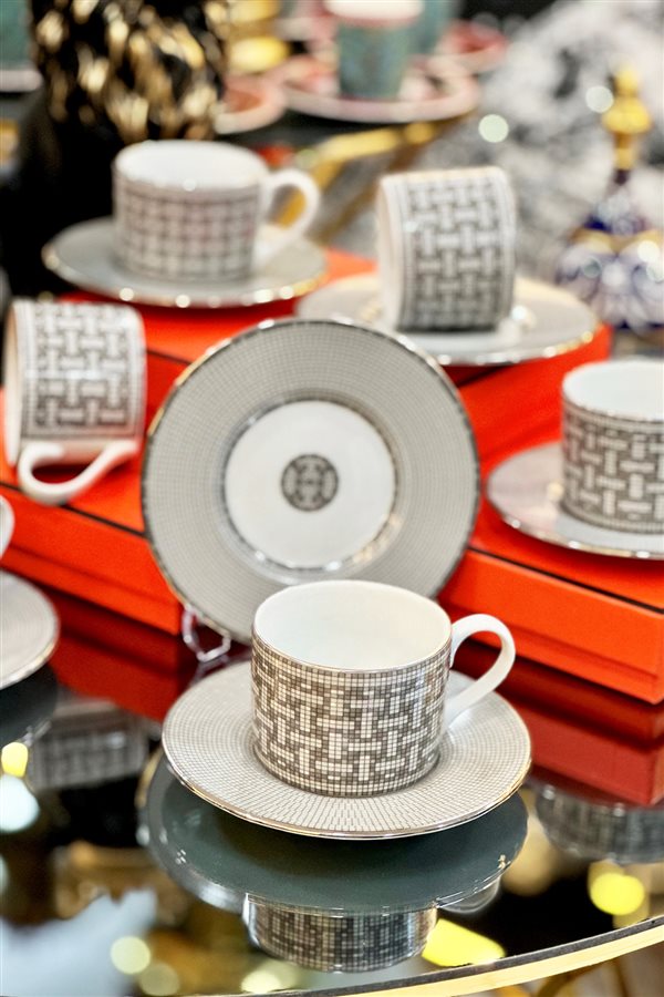 Mosaic Pattern Gray 2-Piece Tea Cup Set