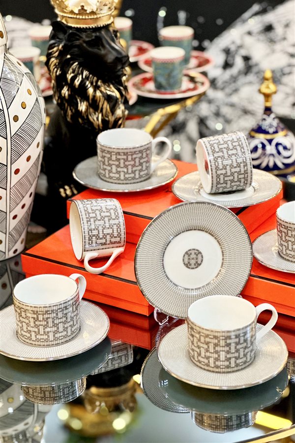 Mosaic Pattern Gray 6-Piece Tea Cup Set