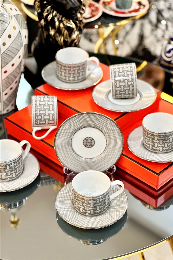 Mosaic Pattern Gray 2-Piece Tea Cup Set