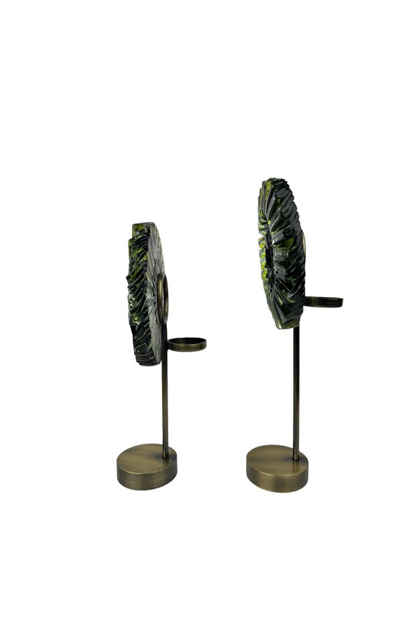 Set of 2 Candlestick Fusion Glass Green Discs