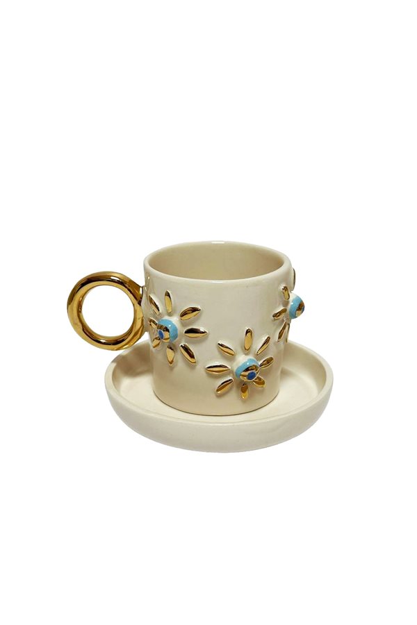 Evil Eye Beaded Flower Figured Single Coffee Cup Set