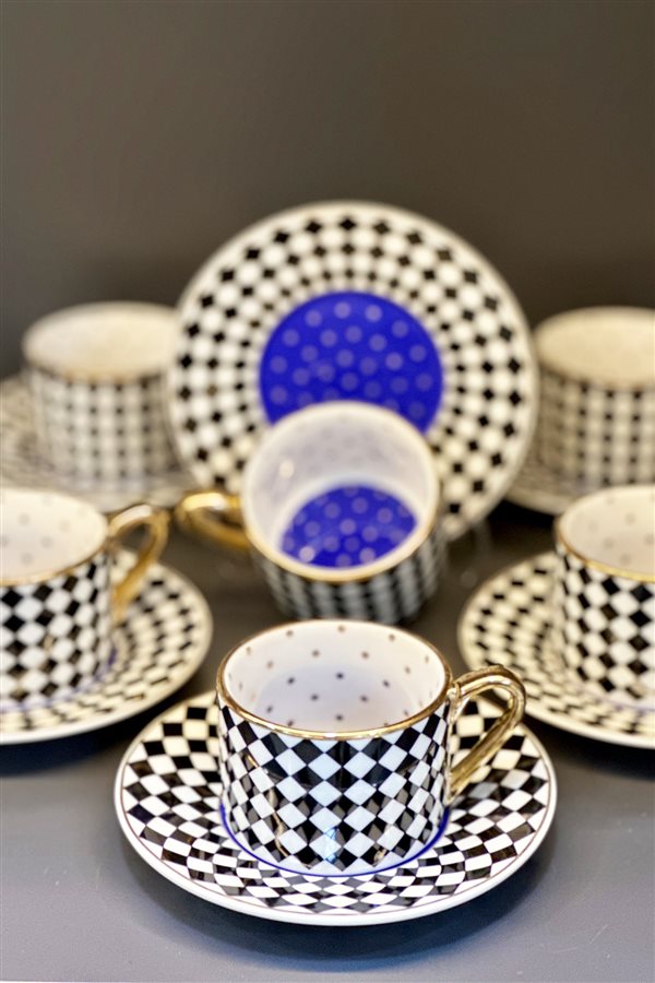 Black Tile Patterned Polka Dot Set of 6 Cups