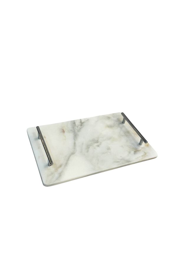 Natural Marble Rectangle Silver Metal Handle Tray