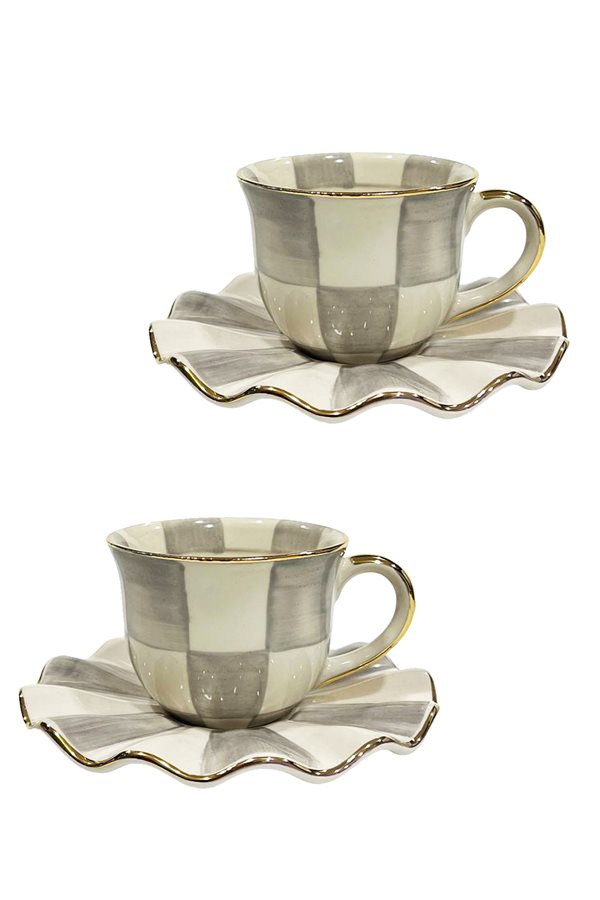 Checkered Gray Set of 2 Teacups