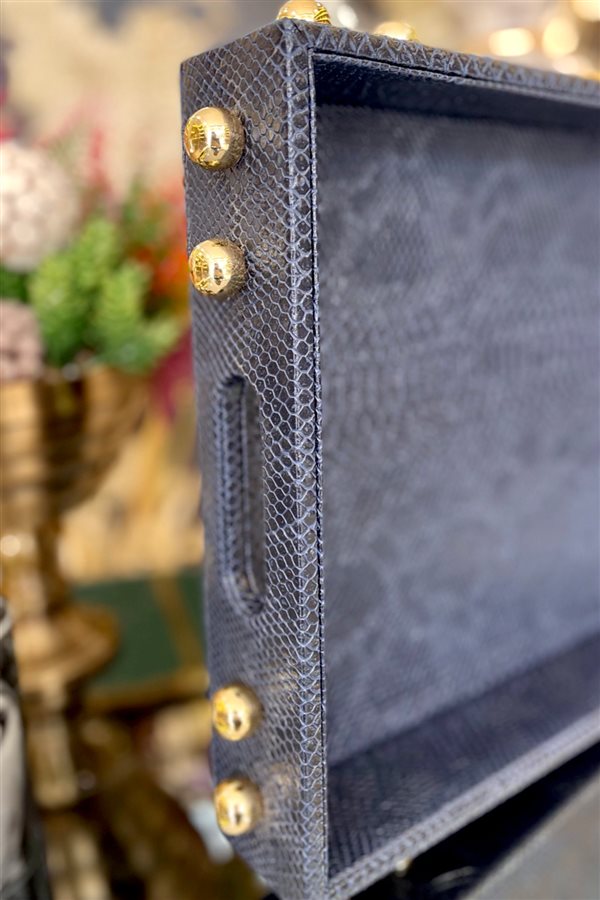 Decorative Gold Detailed Navy Blue Leather Tray