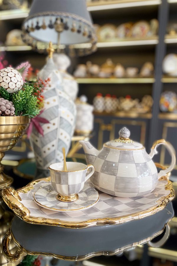 Checkered Gray Gold Footed Single Teacup Set