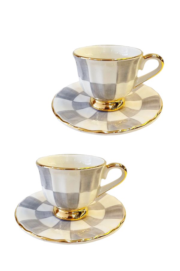 Checkered Gray Gold Leg Set of 2 Tea Cups