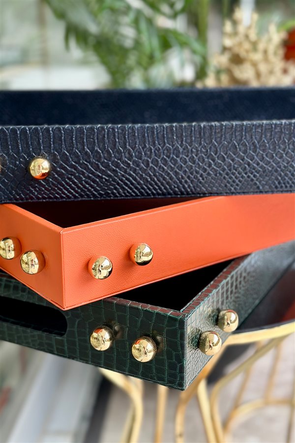 Decorative Gold Detailed Navy Blue Leather Tray