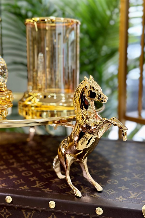 Horse Figured Round Mirrored Gold Jardinyer