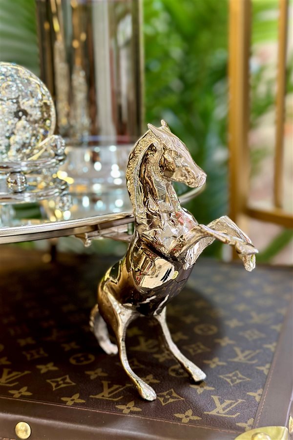 Horse Figured Round Mirrored Silver Jardinyer