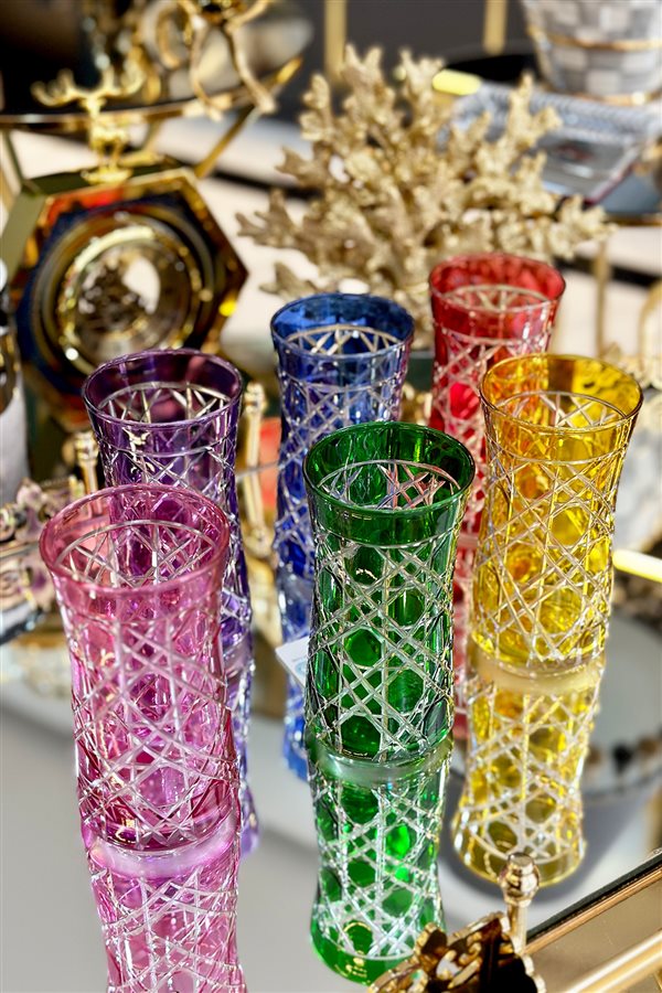 Renkli Kesme Kristal Uzun 6’lı Su Bardağı
