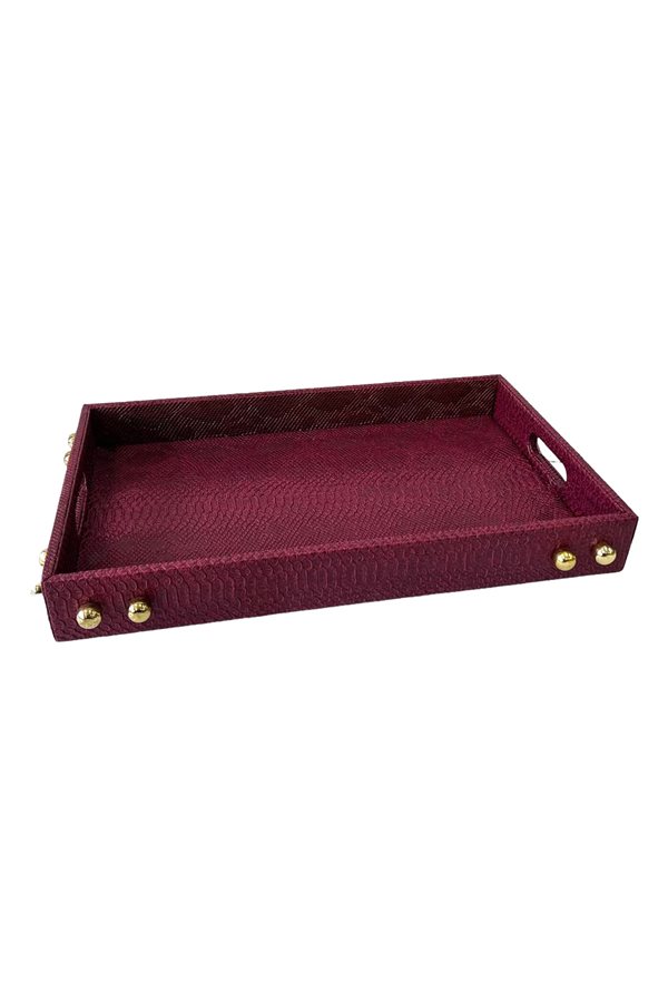 Decorative Gold Detailed Burgundy Leather Tray