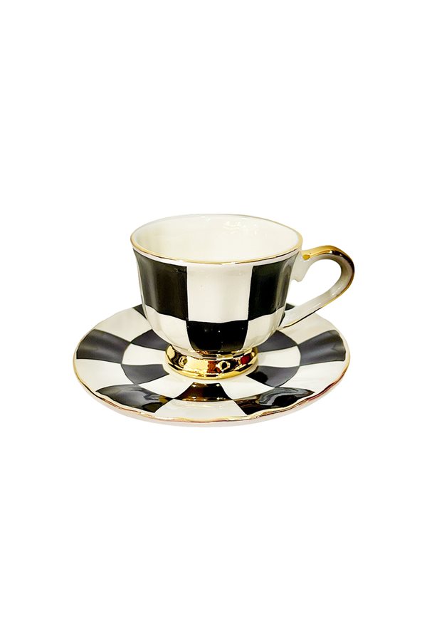 Checkered Black Gold Footed Single Teacup Set