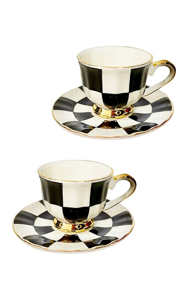 Checkered Black Gold Leg Set of 2 Tea Cups
