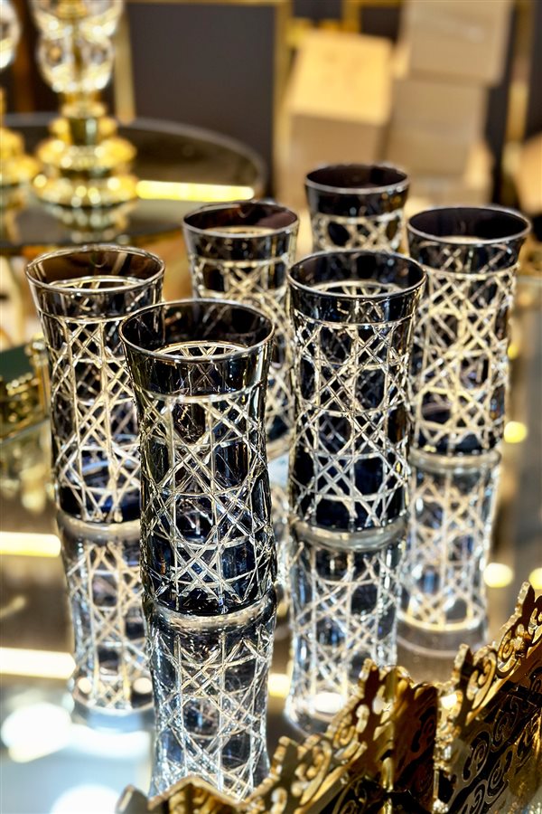 Black Cut Crystal Tall Set of 6 Water Glasses
