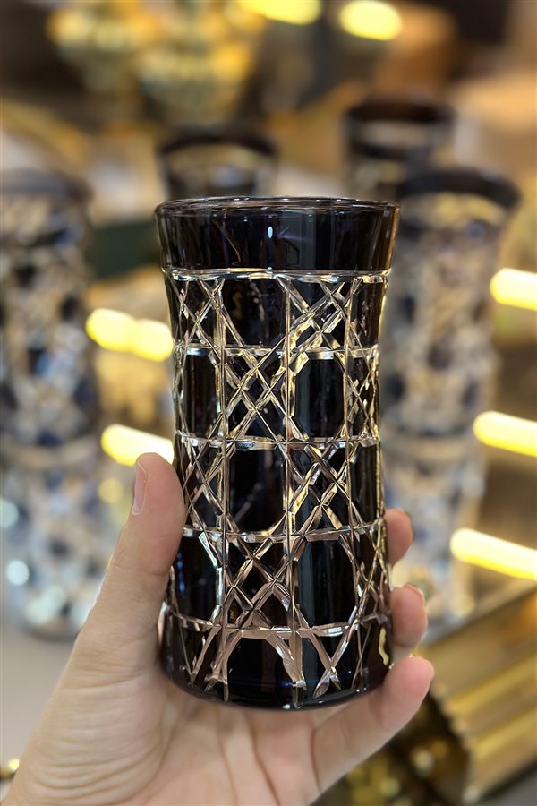 Siyah Kesme Kristal Uzun 6’lı Su Bardağı