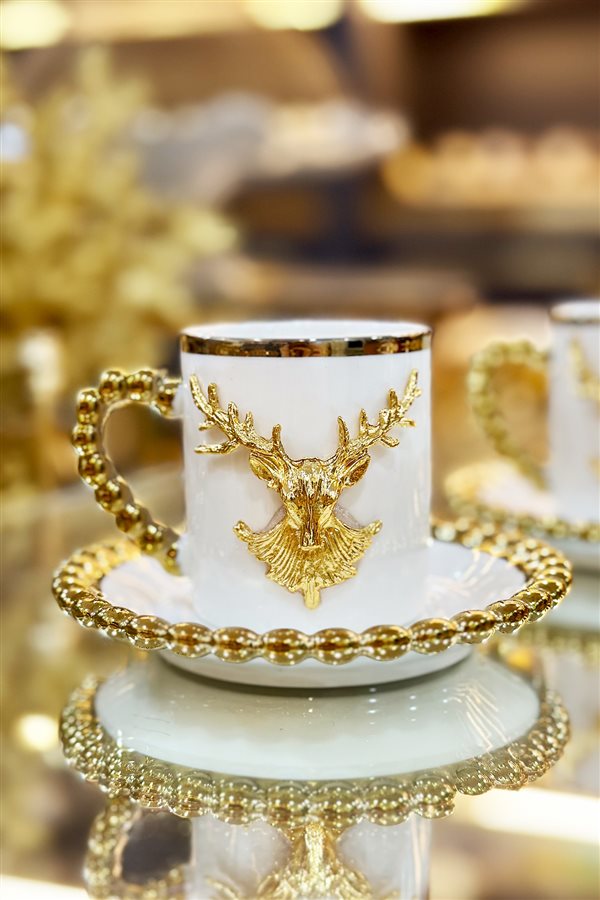 Deer Figured Beaded Single Coffee Cup Set