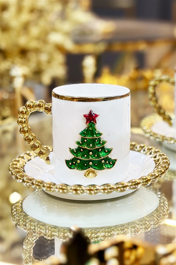 Pine Tree Figured Beaded Single Coffee Cup Set