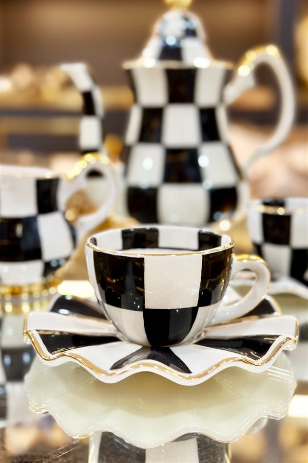 Checkered Black Set of 6 Teacups
