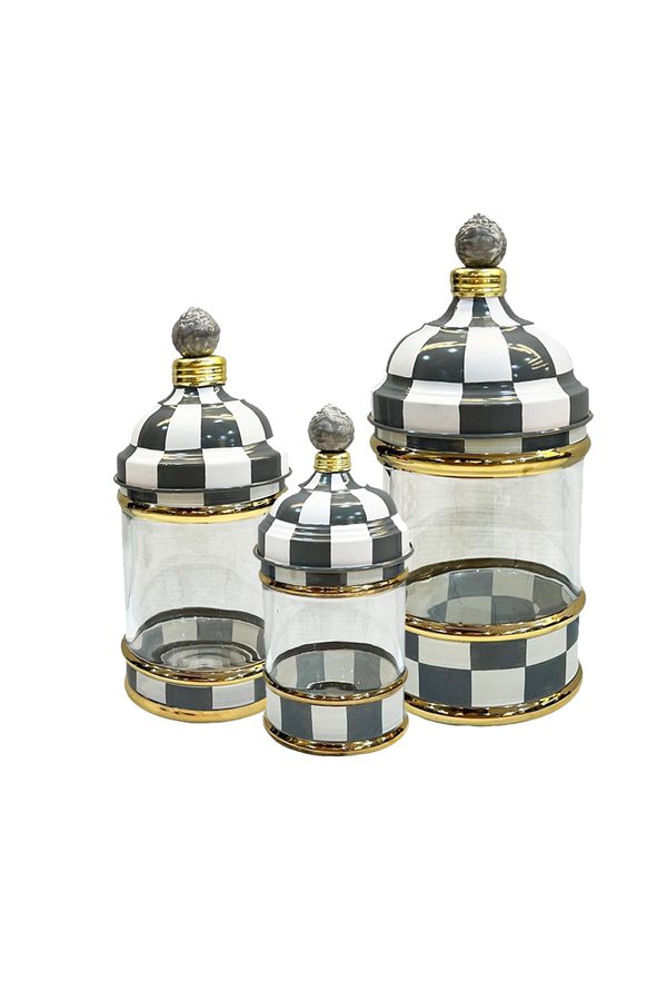 Checkered Gray 3 Piece Glass Jar Set (22-25-30cm)