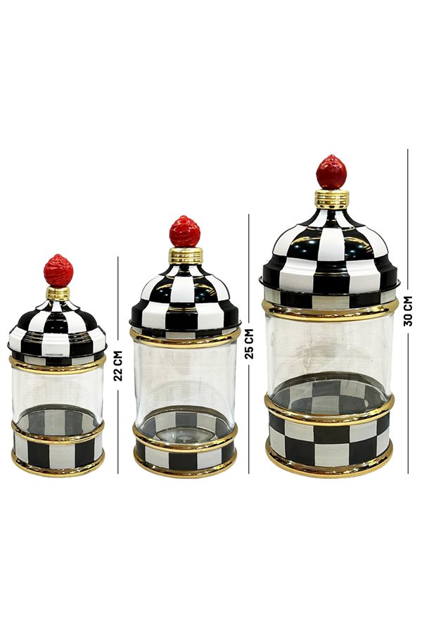 Checkered Black 3 Piece Glass Jar Set (22-25-30cm)
