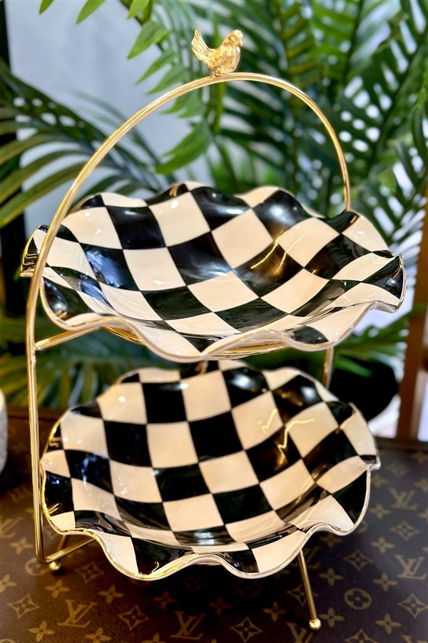 Checkered Black 2-Tier Cookie Holder & Presentation Bowl