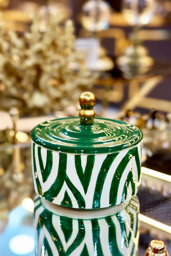 Ceramic Zebra Pattern Green Sugar Bowl / Turkish Delight Holder