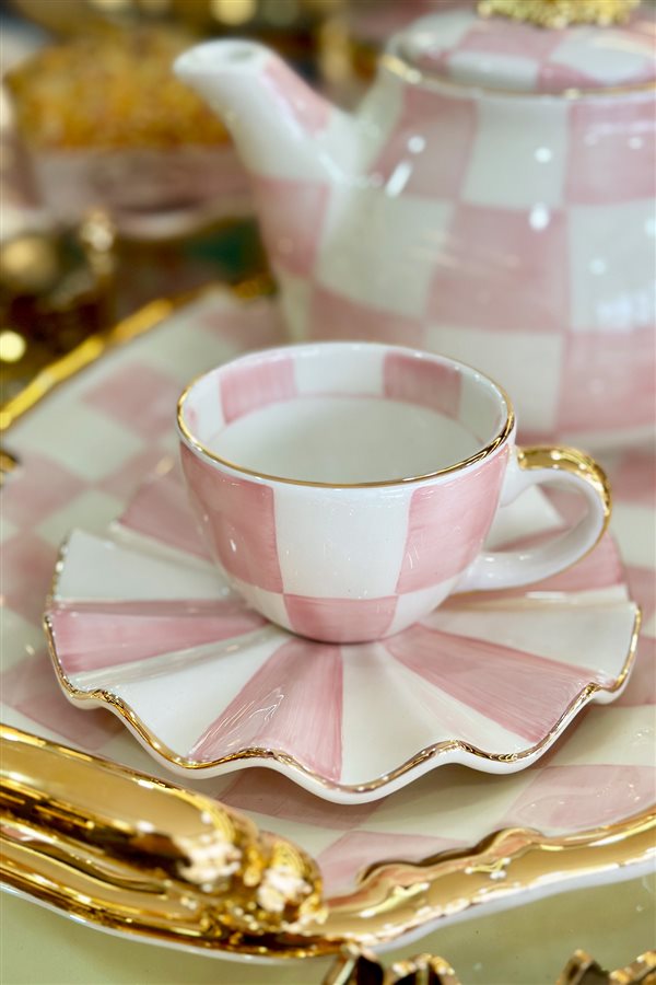 Checkered Pink Set of 2 Teacups