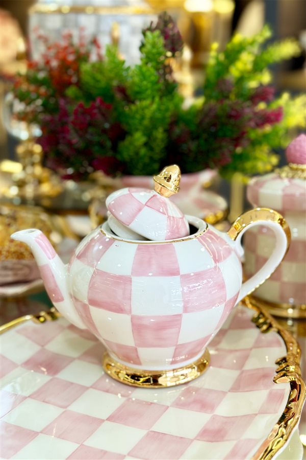 Checkered Pink Small Chubby Teapot
