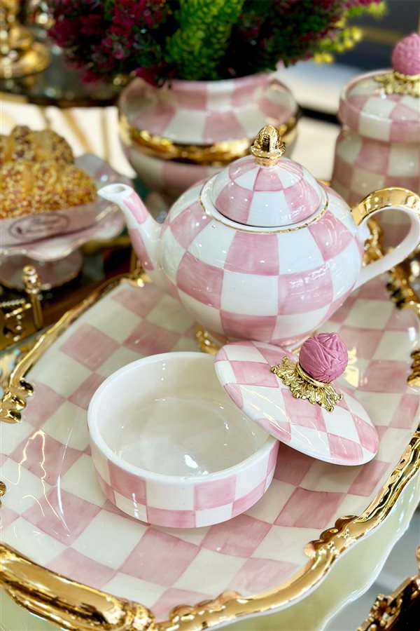 Checkered Pink Small Chubby Teapot