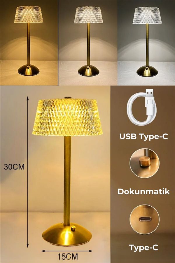 LuxeCrystal Gold Dokunmatik Led Şarj Edilebilir Masa Lambası