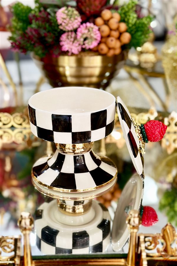 Checkered Black Round Footed Sugar Bowl